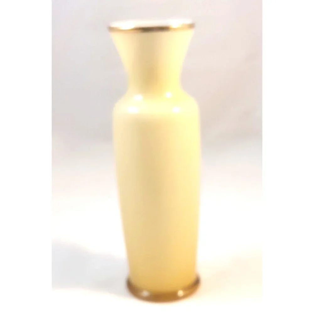 Vtg Hand Blown Golden Amber White Encased Glass Vase Hand Painted Flowers 8